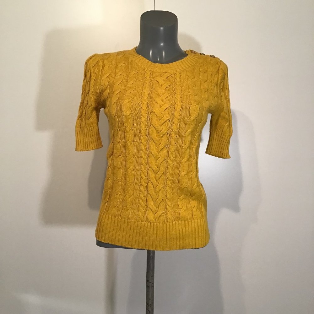 Banana Republic Short Sleeve Mustard Yellow Cable Knit Sweater Size XS - Picture 1 of 9